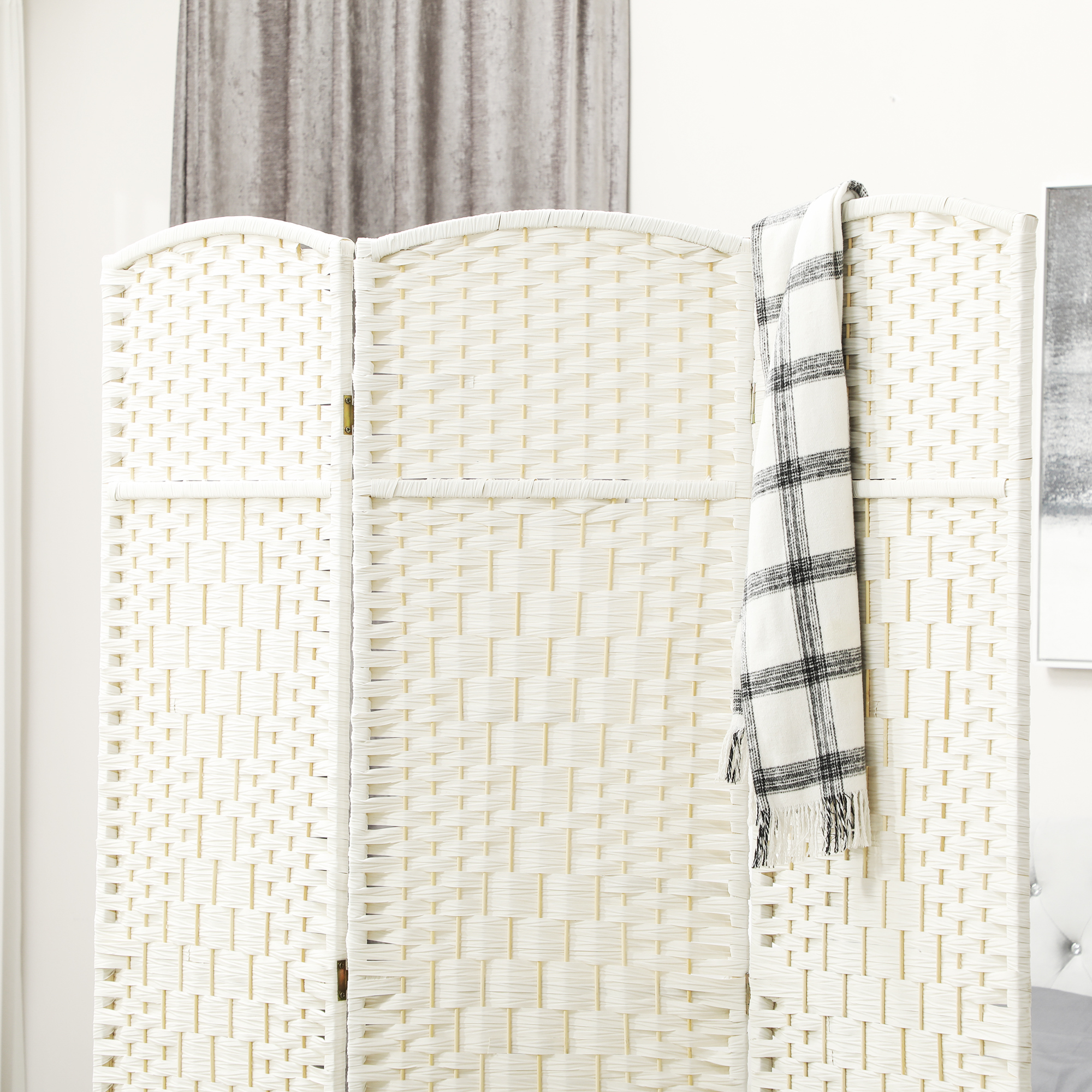 HOMCOM 3 Panel Room Divider, 6' Tall Folding Privacy Screen, Hand-Woven Freestanding Wood Partition for Home Office, Bedroom, White
