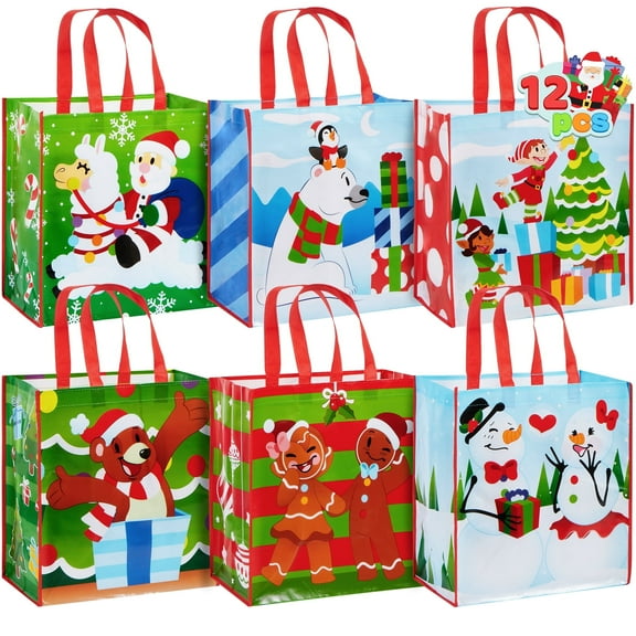 Joyfy 12 Pcs Christmas Tote Bags, Holiday Reusable Grocery Bags for Classroom Party Favor Supplies, Christmas Shopping Bags, Xmas Party Supplies Bags
