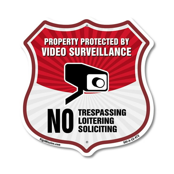 Video Surveillance Property Protected By Video Surveillance. No Trespassing Loitering Soliciting 12 inch X 12 inch Shield-Shaped Rust-Free Aluminum Metal Sign Made in the USA