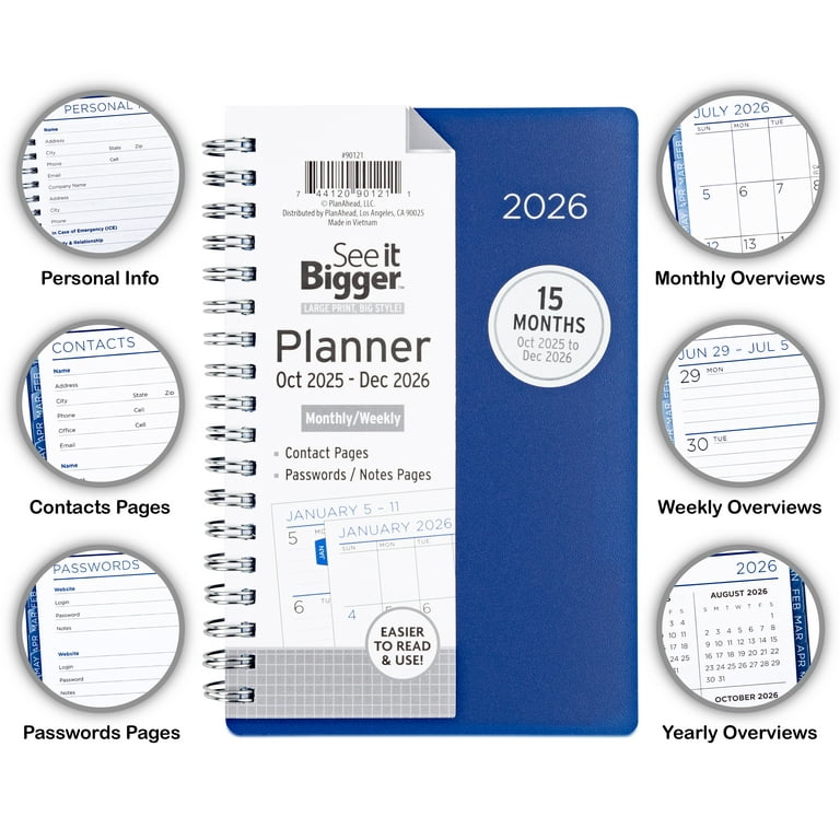 See it Bigger Monthly Weekly Planner Small (3.75″X 6.26″) Blue Solid 15-month Oct 2025-Dec 2026 Soft Cover Spiral Bound