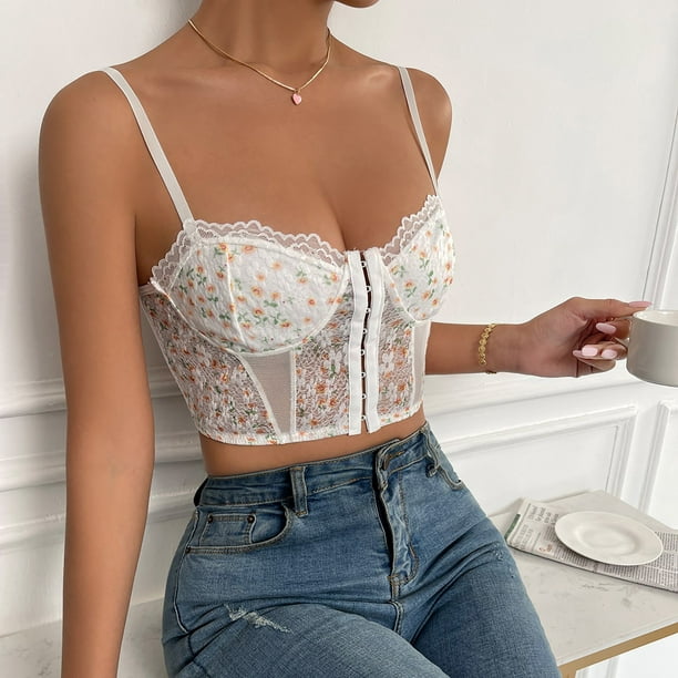 qolati Corset Crop Tops for Women Sexy Floral Lace Adjustable
