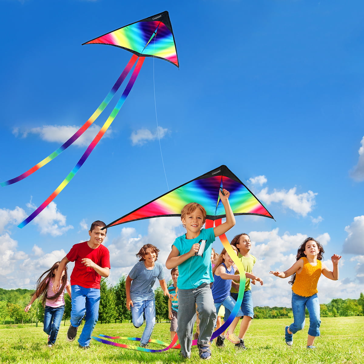Easy Fly Nylon Rainbow Colors Triangle Kite Outdoor Sports Kids Interactive Toys 