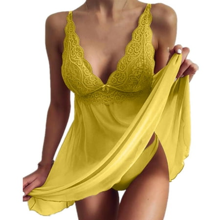 Sexy Lingerie for Women  Sexy Lingerie for Women Plus Size  Lace Babydolls Lingerie for Women Exotic Sexy V Neck Mesh Slips  Bridal Sleepwear  Yellow(L)