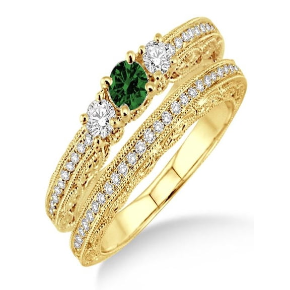 2 Carat Emerald & Diamond Antique Milgrain Bridal set on 10k Yellow Gold