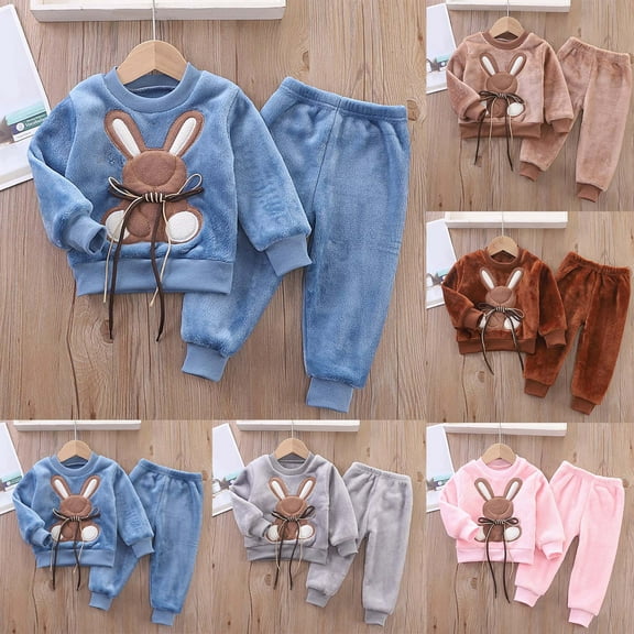 Qingpeng Toddler Boys Girls Warm 2Pcs Sets Cute Print Fall Winter Outfits Long Sleeve Pullover Tops & Lounge Pants Suit