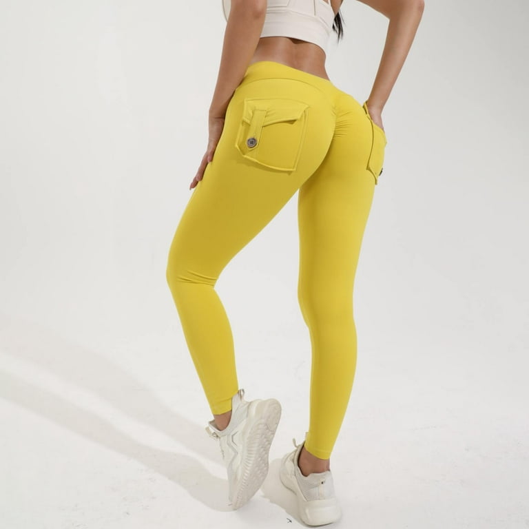 Yellow Leggings Womens Fashion Butt Lifting Leggings With Pockets For  Stretch Cargo Leggings High Waist Workout Running Pants Workout Leggings  for Women 