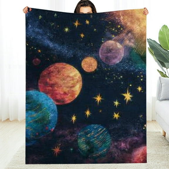 Creowell Planets Stars Space Fuzzy Flannel Blanket, Cozy Soft Multi-Purpose 50*60in
