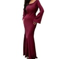 thumbnail image 3 of Maxi Dresses for Women Elegant Classy Fall Long Bell Sleeve Ruched Bodycon Fitted Cocktail Party Slit Dress Deep Red L, 3 of 7