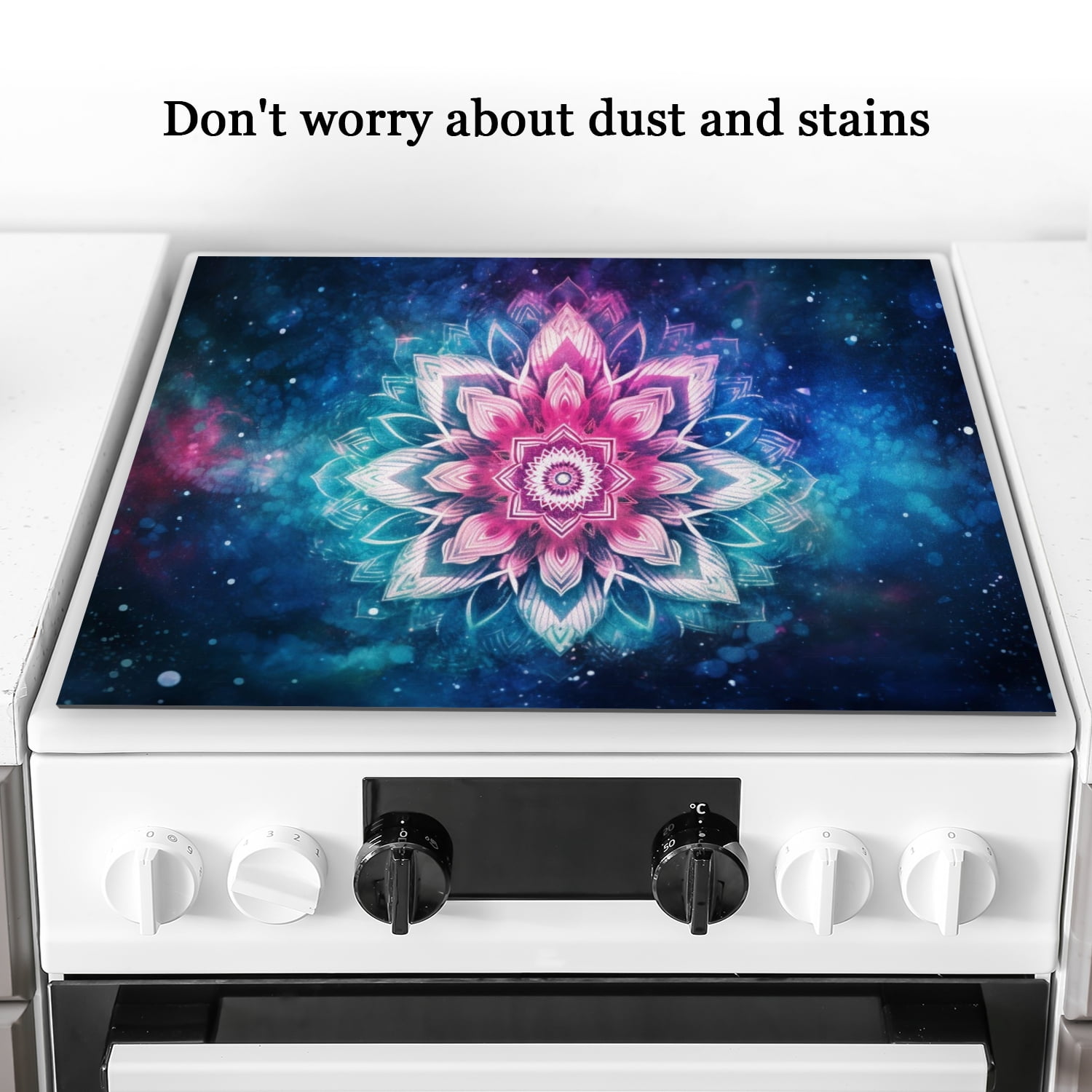 Stove Cover For Gas Stove, Blue and Pink Fantasy Mandala Flower Decorative Glass Induction Cooktop Protector, Square Foldable Multifunctional Protector Mat for Kitchen RV (28×20 Inch)