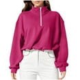 thumbnail image 3 of qucoqpe Women's Mock Neck Zip Fleece Sweatshirt Lightweight Casual Cropped Pullover Top Fall Sleeve Loose Blouse Hot Pink S, 3 of 5