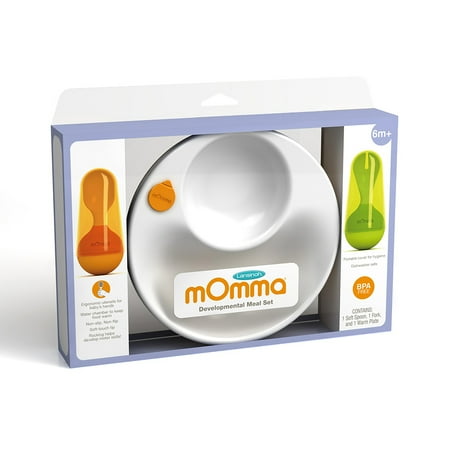 Lansinoh mOmma Developmental Meal Set, 1 Soft Spoon, 1 Fork and 1 Warm Plate