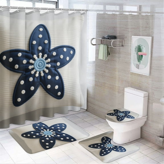 RKSupls 4pcs flannel foot mat, Starfish Print Bathroom Sets with Non-Slip Rugs, Toilet Lid Cover and Bath Mat with Hooks, Preferred material strong durability Suitable for home bathrooms, Bedroom