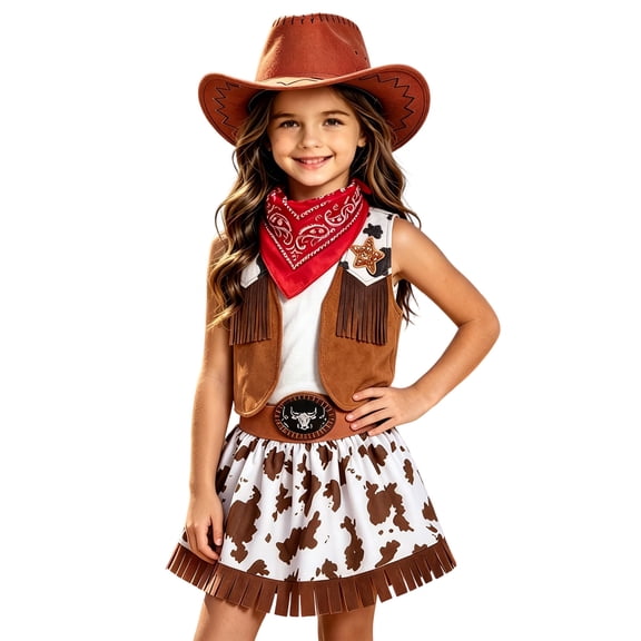 Ruiwill Little Girls Western Cowgirl Outfit Set Summer Stretchy V Neck Sleeveless Graphic Print Skirt Vest Hat Bandana 4Pcs Set School Casual Girls Clothing Set Size 7-8 Years Brown