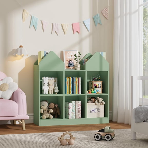 Set of 2 Green Castle Toy Storage Organizer – Bookshelf with 4 Book Racks & 6 Open Cubbies for Playroom, Nursery, Daycare, Children's Bedroom