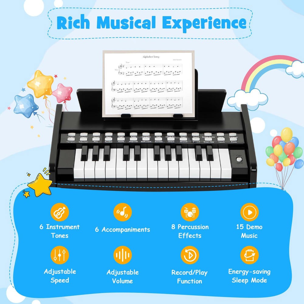 Barara King 25 Keys Portable Music Keyboard Piano with Adjustable Speed and Volume for Toddlers Boys Girls, Beginner, Black