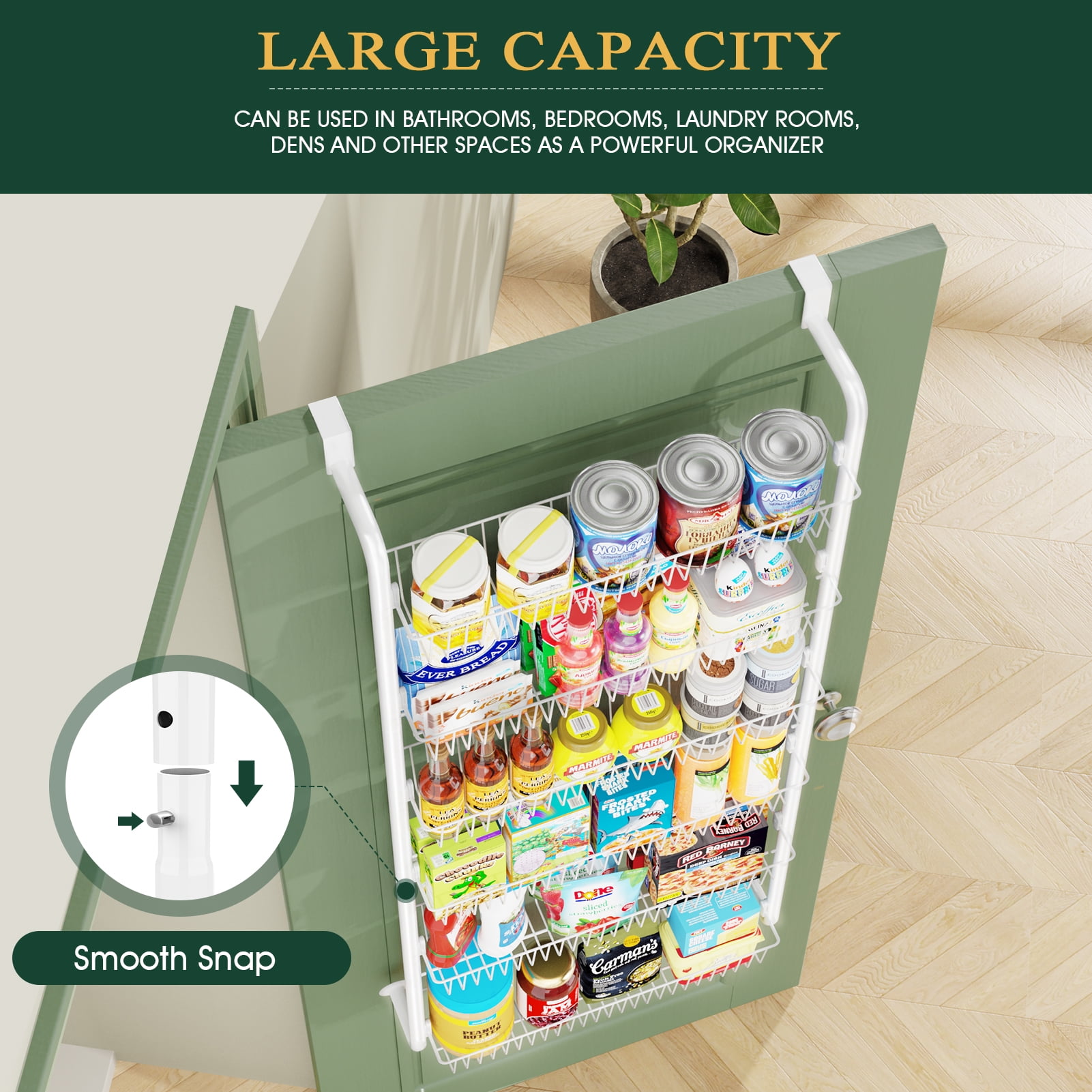 Yeabett 6-Tier Over the Door Pantry Organizer, Larger Baskets Metal Pantry Organization and Storage, Door Back Hanging Space Saver for Kitchen, Laundry, Bathroom, White