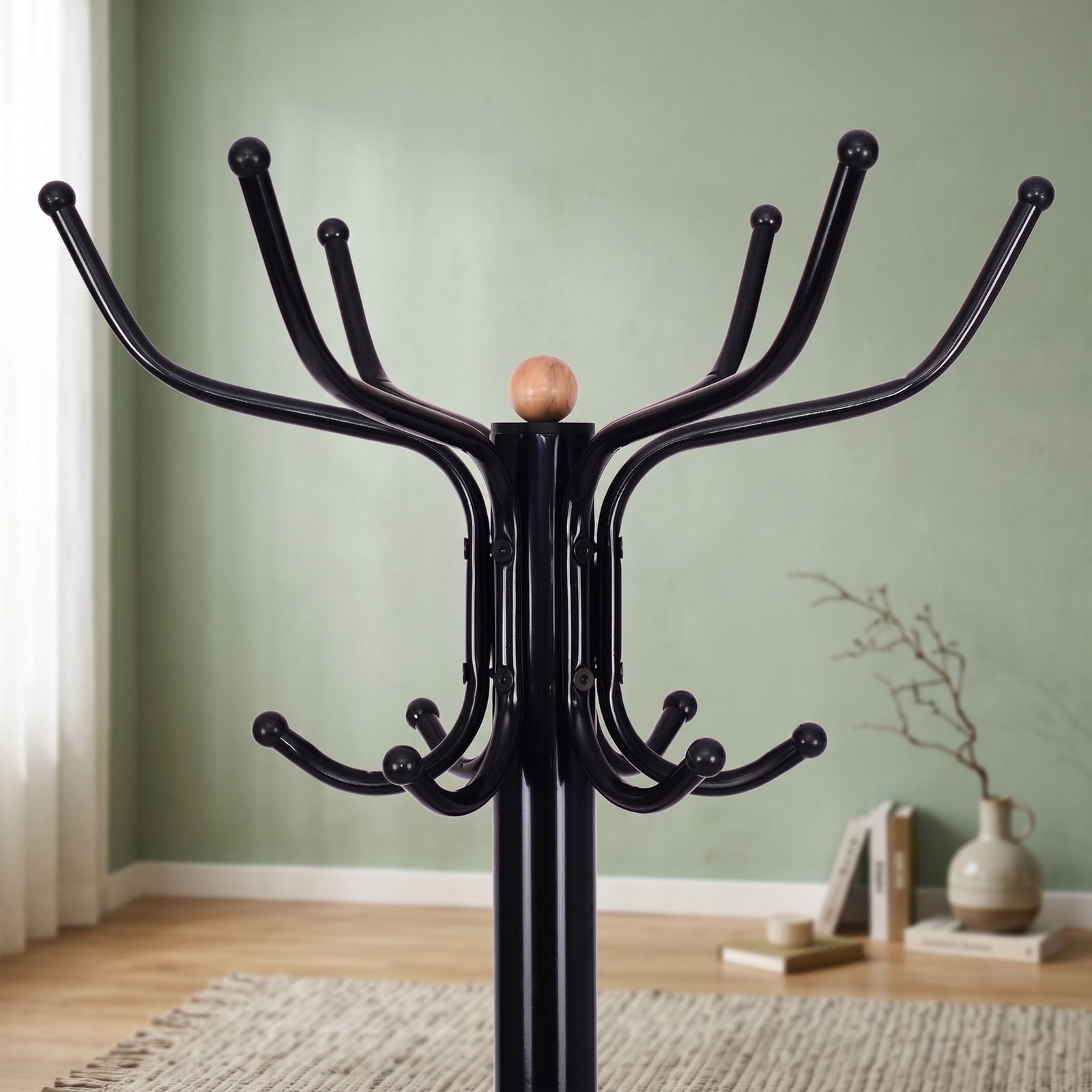 Furnibear Vintage Freestanding Metal Coat and Hat Tree Stand with 12 Hooks and Curved Base for Entryway and Bedroom, Black
