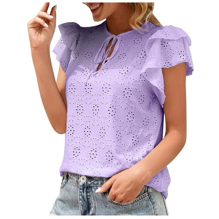 RYRJJ Ruffle Short Sleeve Shirts for Women Summer Casual Loose Fit