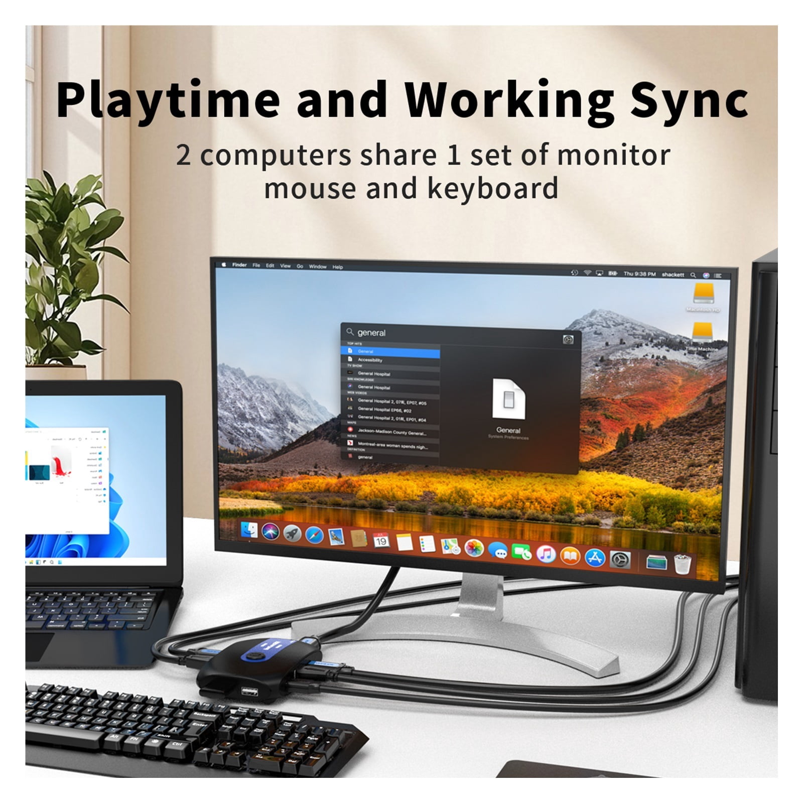 4K 60Hz KVM Switch 2 PC 1 Monitor, Ultra HD Selector with Extended Button