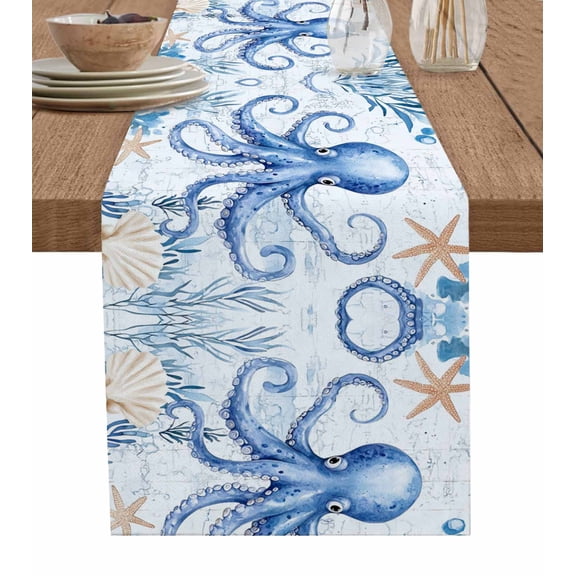 ERUNPONLY Octopus Coastal Table Runner - 70 Inch Long Summer Beach Starfish Coral Nautical Cotton and Linen Blended Dress Scarves Farmhouse Table Runner for Kitchen Dining, Coffee Table, 13" x 70"