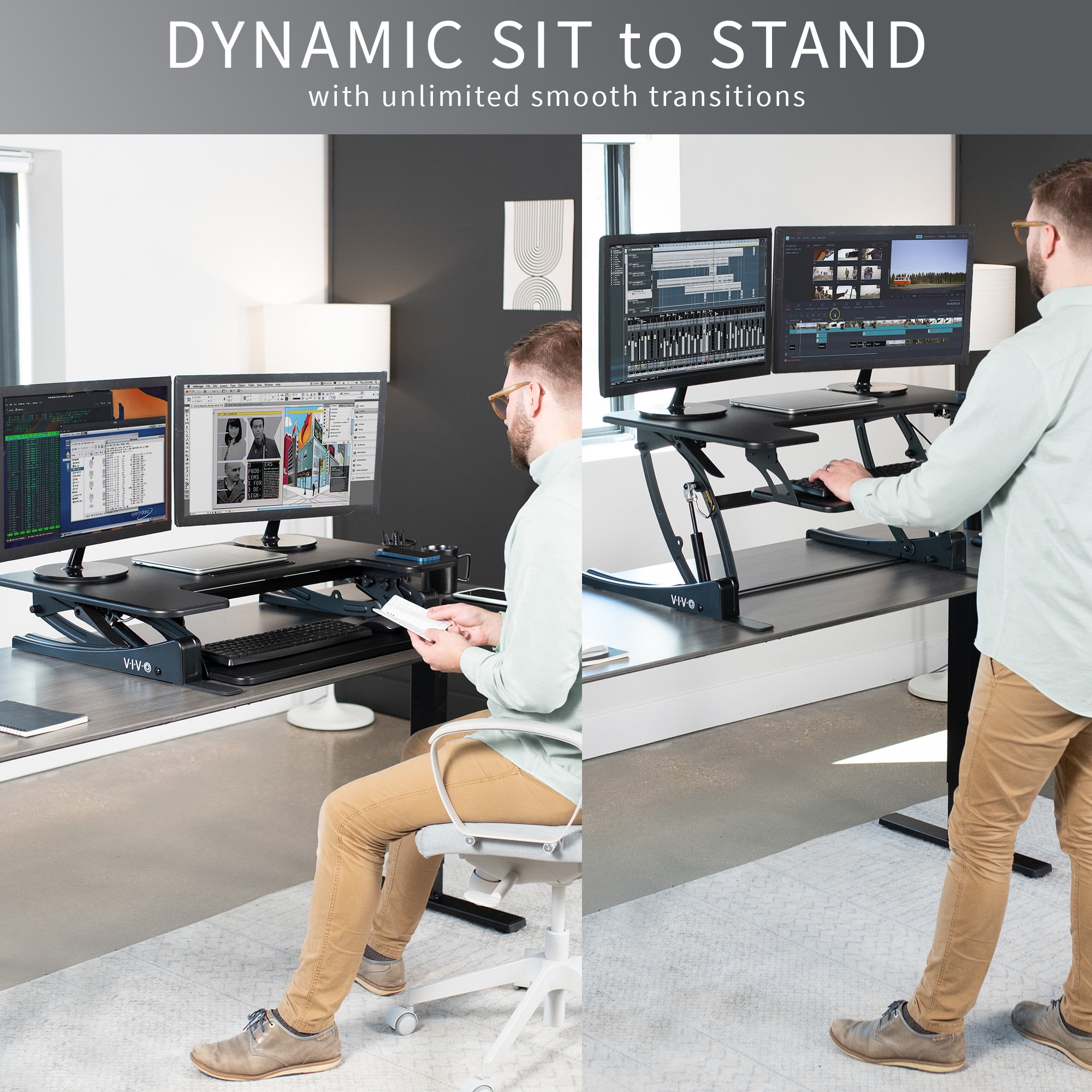 VIVO Black Height Adjustable Standing Desk Monitor Riser Tabletop Sit to Stand