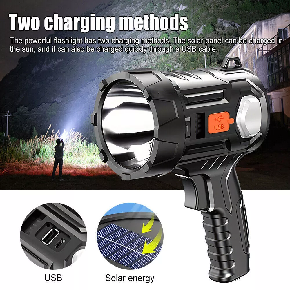2PCS Solar/USB Super Bright Rechargeable LED Spotlight Flashlight Searchlight