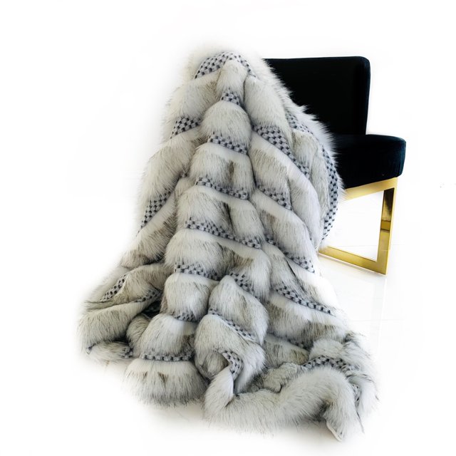 Plutus Off White Two Tone Feather Faux Fur Luxury Throw Blanket Throw 60W x 72L- Off White