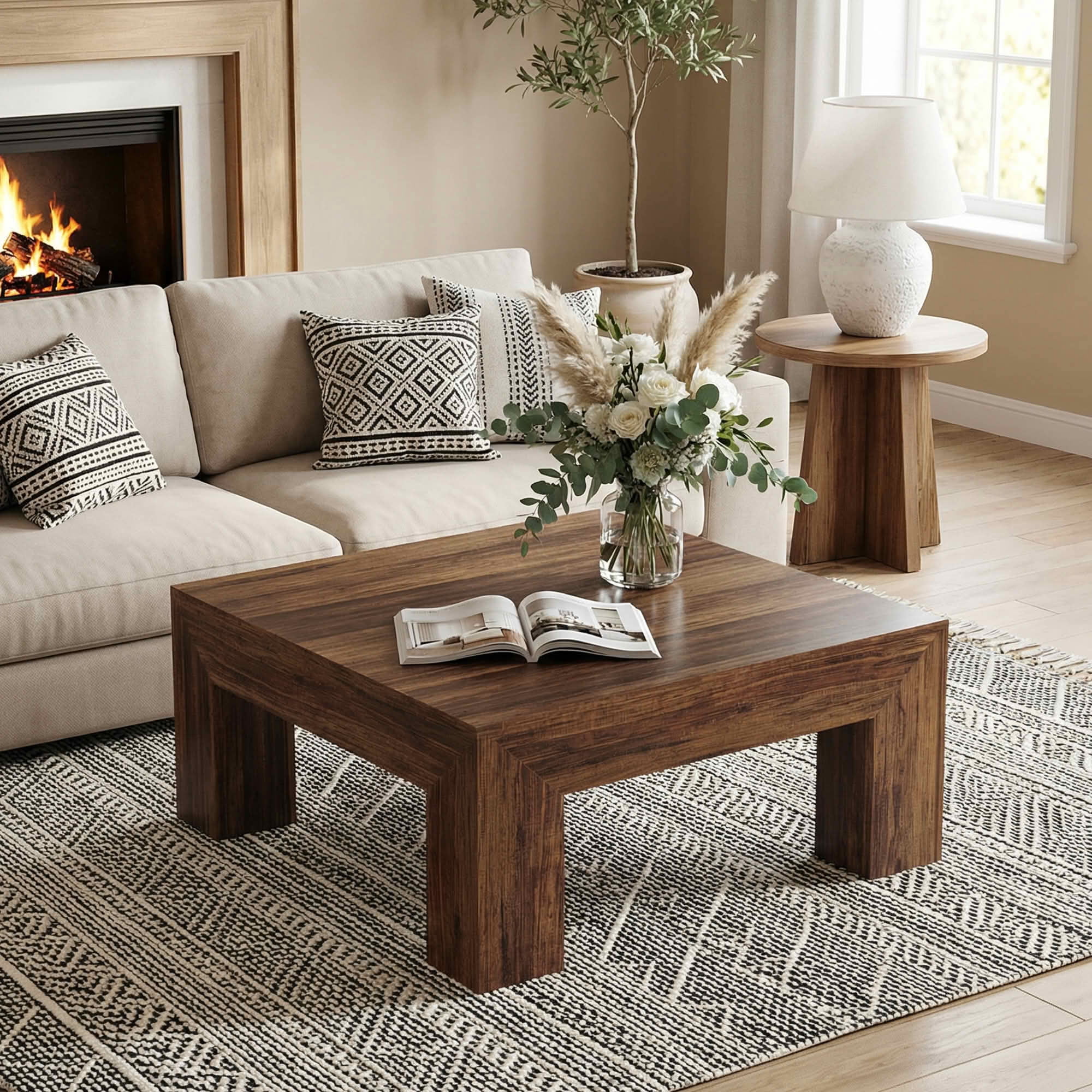 MAYEETY 39 Inch Farmhouse Square Wooden Coffee Table Living Room Center Table