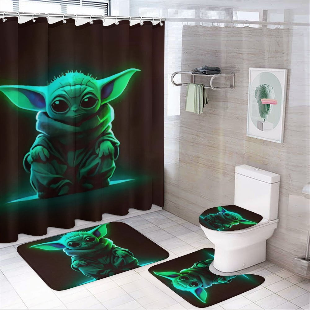 Baby Yoda Piece Cartoon Shower Curtain Set with Non-Slip Rugs