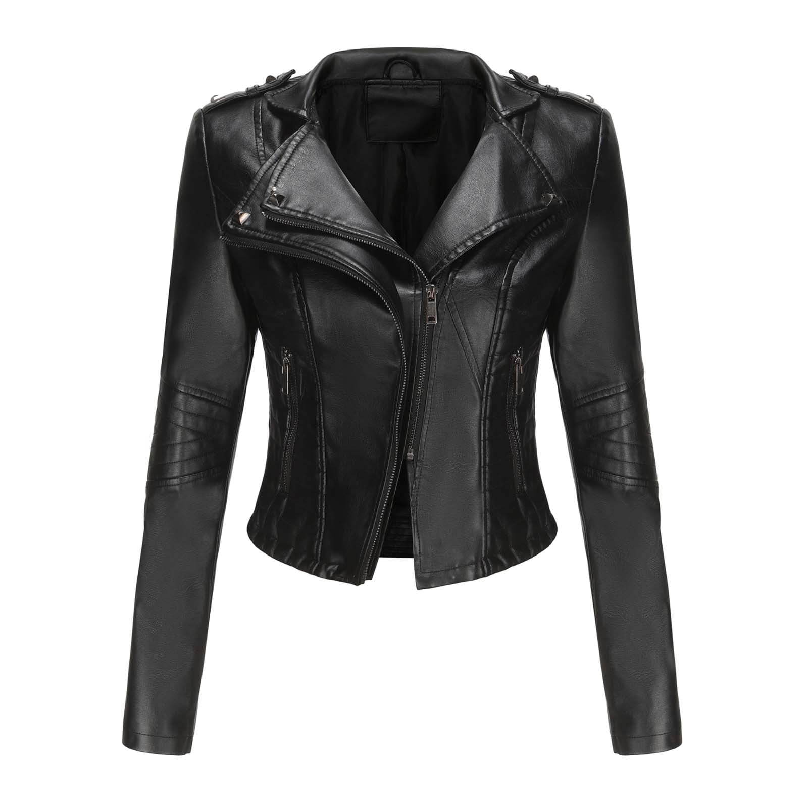 qolati Women Faux Leather Jackets Vintage Long Sleeve Zip Up Motorcycle Jacket 2024 Trendy Lightweight Collar Cropped Coats Outwear