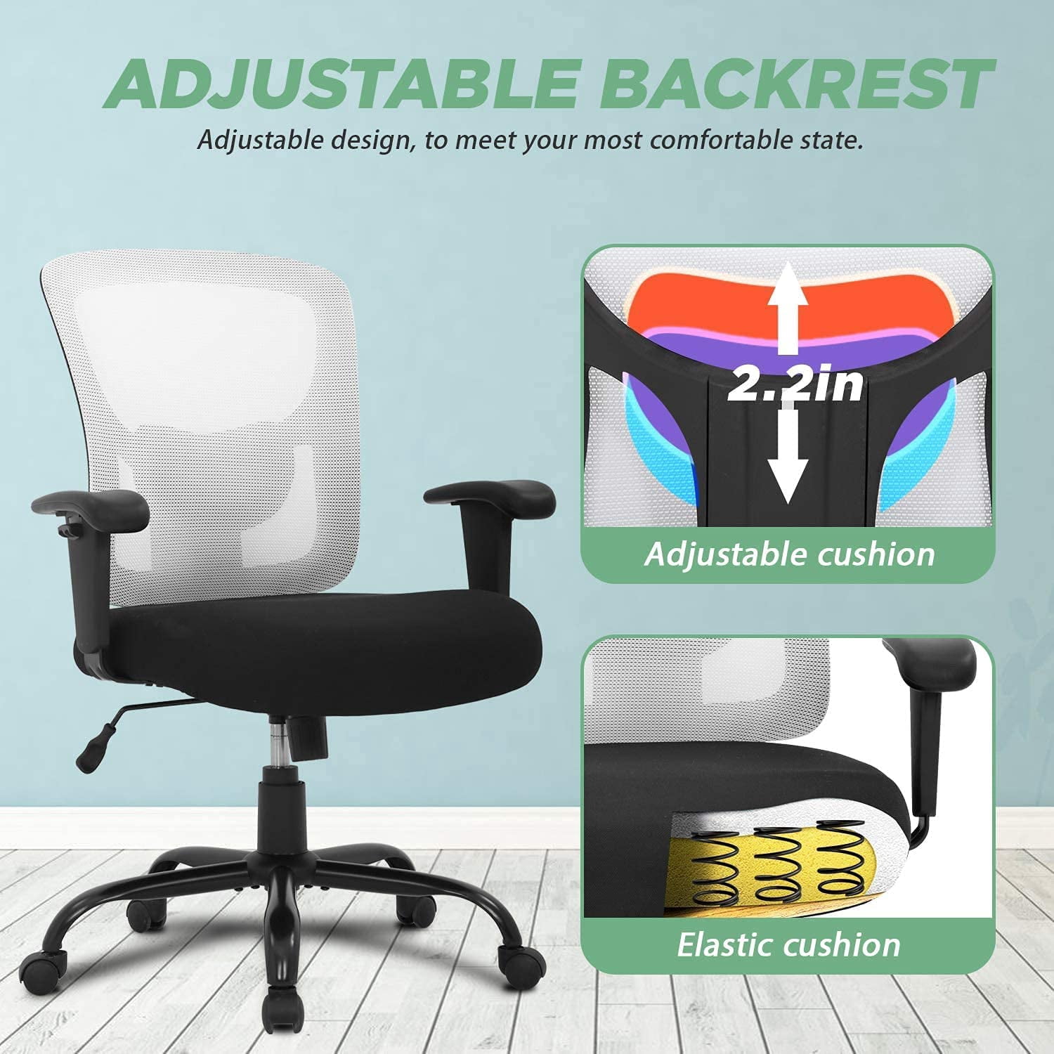 Mesh Desk Chairs Big and Tall Office Chair Ergonomic Computer Chair Weight Limit 400 lbs Heavy Duty Task Chair with Wheels and Adjustable Arms & 23 Inch Wide Seat, White