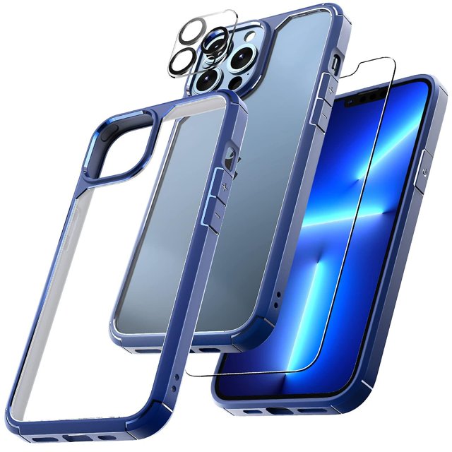 3 en 1 Diseñado para iPhone 13 Pro Max Funda de 6,7 pulgadas, con 2 protectores de pantalla de vidrio templado + 2 protectores de lente de cámara grado militar Prot