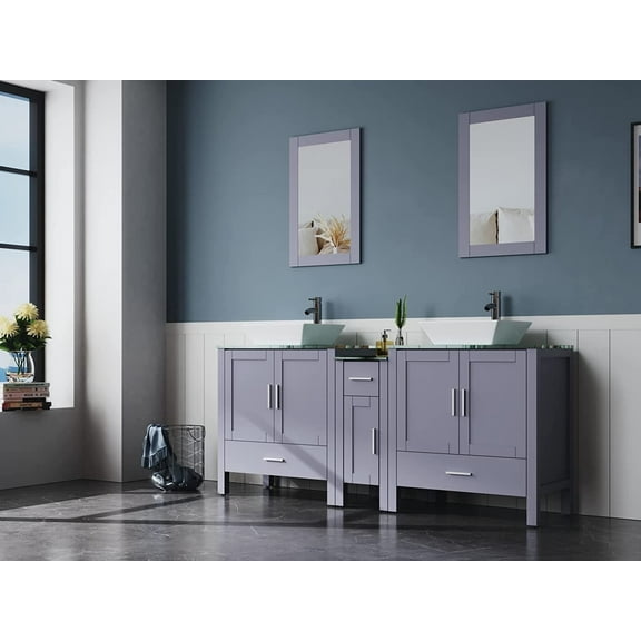 Goodyo 72" Gray Bathroom Vanity and Sink Combo Wood Bathroom Cabinet w/Glass Top, Mirror, Faucet and Drain