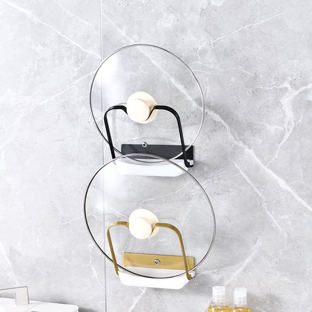 Estante de soporte de tapa de olla montado en la pared de cocina | Organizador de almacenamiento metálico multifuncional para tapas, platos, tableros | Sin instalación de taladro | Oro Negro