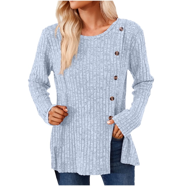FAIWAD Women's Long Sleeve Round Neck Tunic Knit Tops Trendy Button Side Split Solid Color Pullover Top