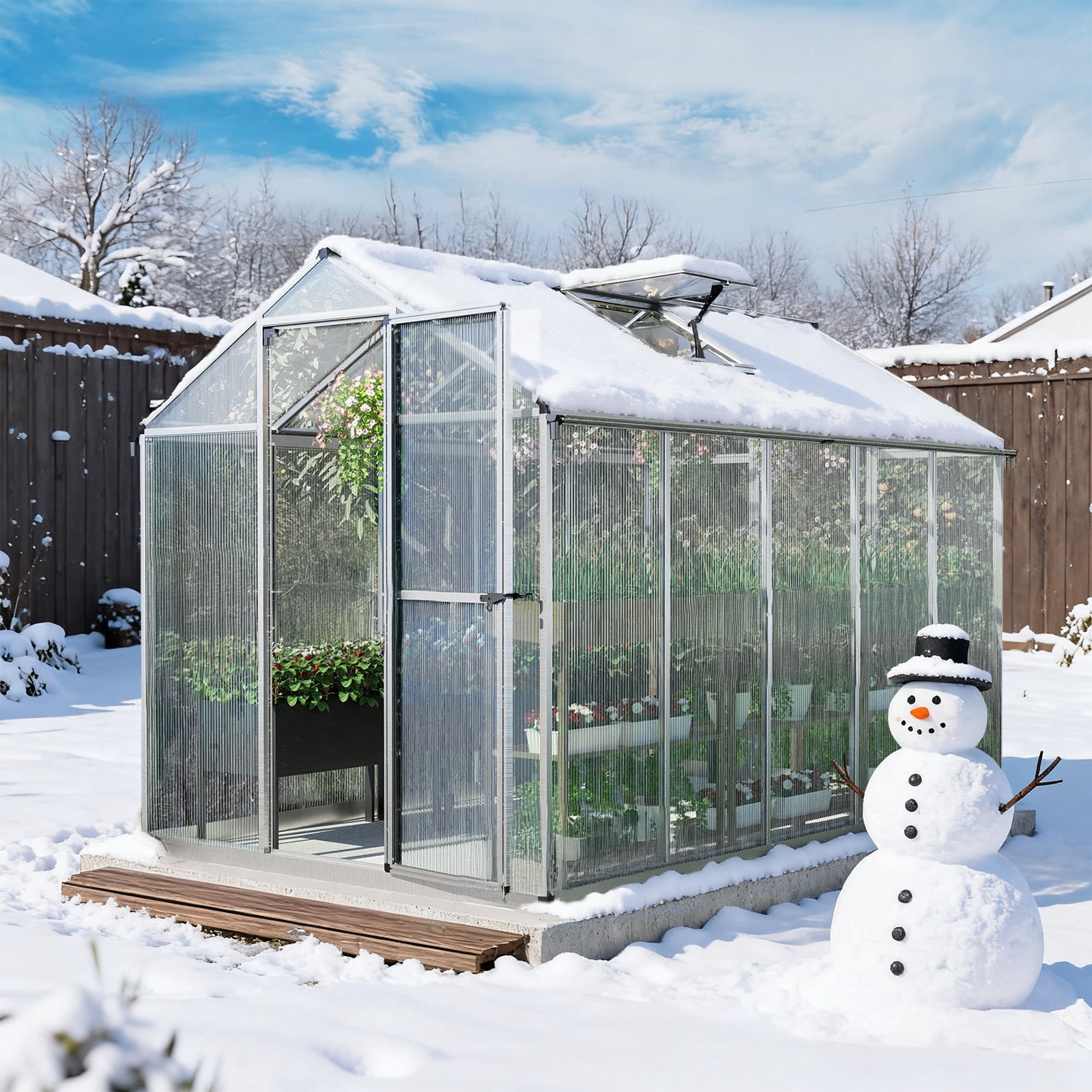 Aoodor 6' x 10' Outdoor Greenhouse, Walk-in Polycarbonate Greenhouse with Aluminum Frame for Outside Backyard, Silver