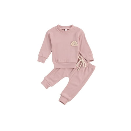 

Tretra Baby Solid Color Casual Outfit Rainbow Tops and Drawstring Trousers Set