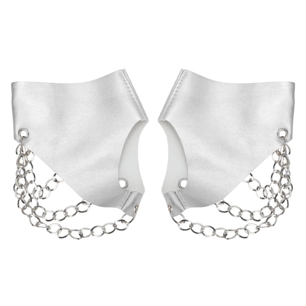 Guantes de cuero sintético sin dedos estilo punk para discotecas, espectáculos, espectáculos, 3 cadenas metálicas y hebillas (plateados)