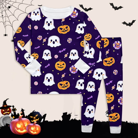 TBWNWG Boys Outfits&Set Halloween Pajama Set Long Sleeve Pants Outfit With Pumpkin Print for Toddler Kids Age 2 8 Years Comfortable Sleepwear Autumn Winter Holiday Party,Sizes 5T