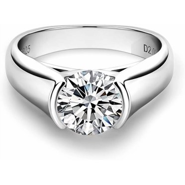 2 Carat Moissanite Half Bezel Set Ring for Women Platinum Plated Silver D color VVS 8 mm Moissanite Diamond Solitaire Engagement Promise Band