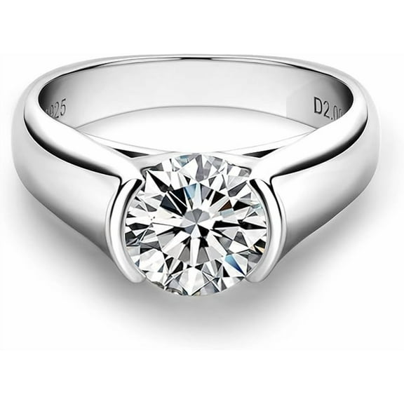2 Carat Moissanite Half Bezel Set Ring for Women Platinum Plated Silver D color VVS 8 mm Moissanite Diamond Solitaire Engagement Promise Band