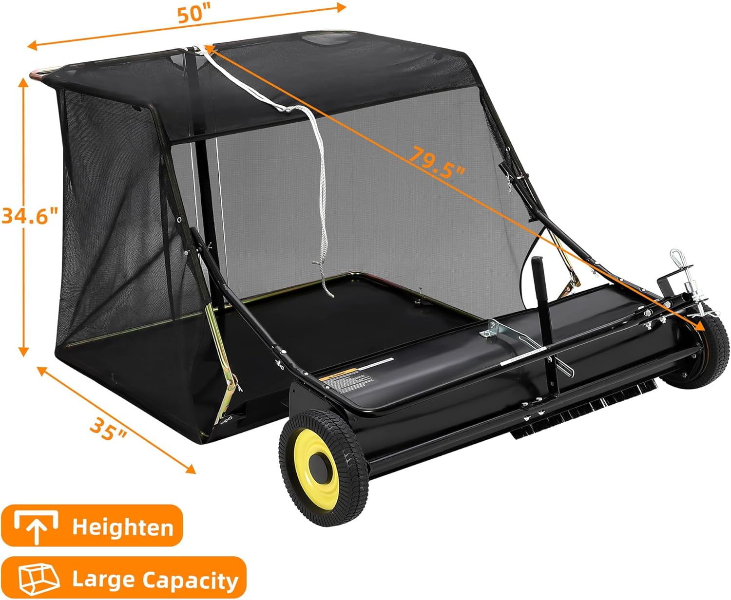 Rugerasy Tow Behind 48 Inch Lawn Sweeper,Large Capacity Heavy Duty Leaf & Grass Collector,Dumping Rope Design,Adjustable Sweeping Height for Picking Up Debris and Grass,Black