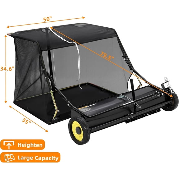 Acekid Lawn Sweeper Tow Behind Large Pull Behind Grass Sweeper Heavy Duty Leaf Grass Collector With Dumping Rope Design Adjustable Sweeping Height For Picking Up Debris And Grass Black 48 Inch