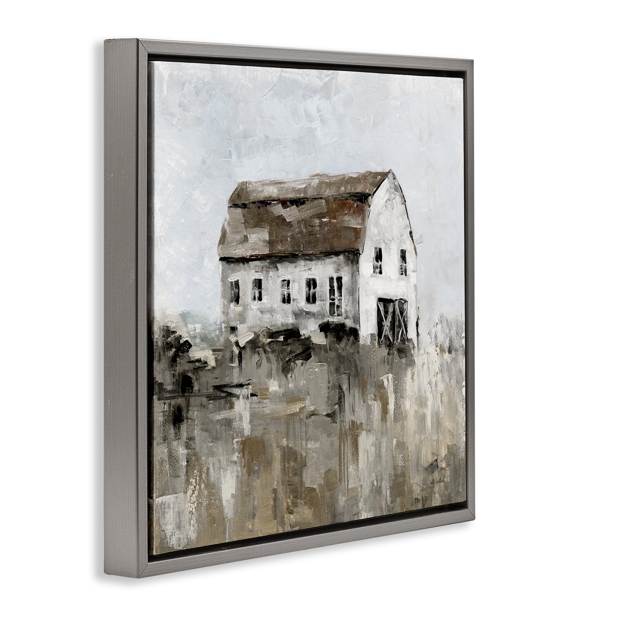 Stupell Industries Rustic Muted Farmhouse Landscape & Nature Painting Gray Floater Framed Canvas Art Print Wall Art, 18 x 18