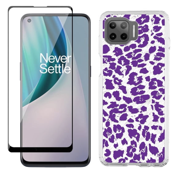 Slim-Fit Protective Phone Case compatible with Motorola Moto One 5G UW, with Tempered Glass Screen Protector, by OneToughShield ® - Cheetah Purple