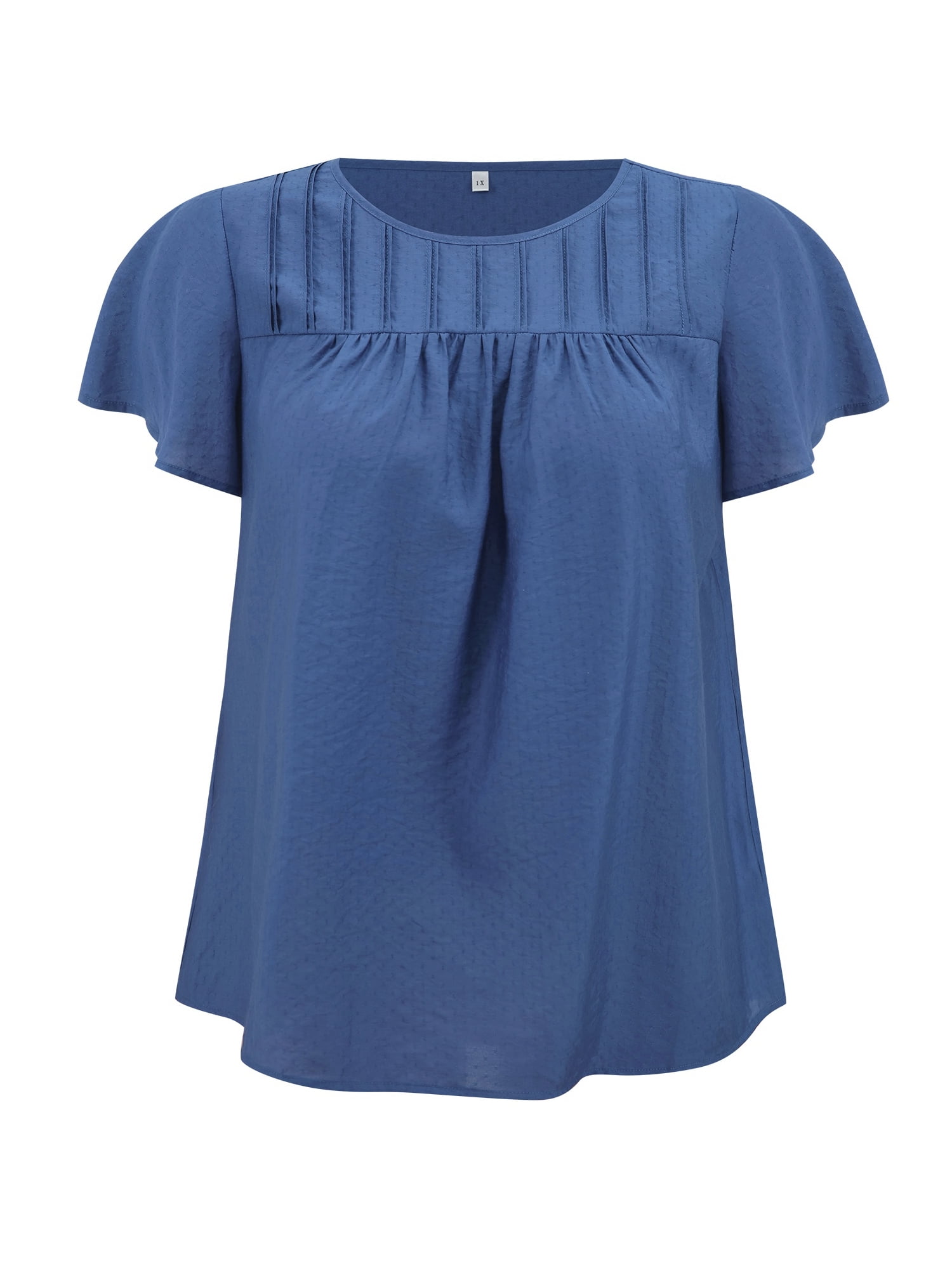 DARING DIVA Women's Plus Crew Neck Ruffle Casual Blouse 2X Dark Blue