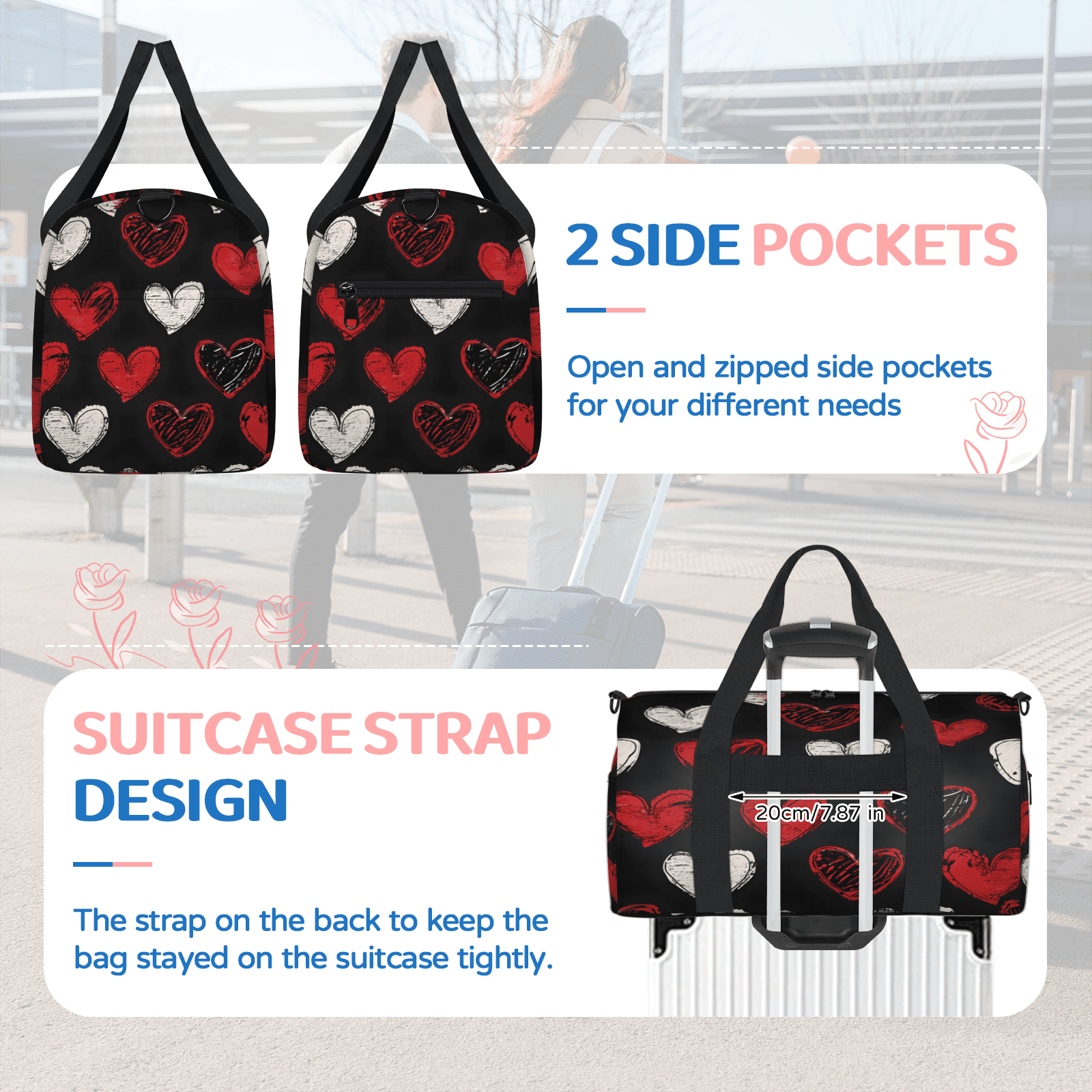 Herdesigns Black Red Hearts Gym Bag for Women, Duffle Bag for Travel Sport, Hearts Romantic Lightweight Waterproof Carry on Weekender Dance Yoga Workout Bags