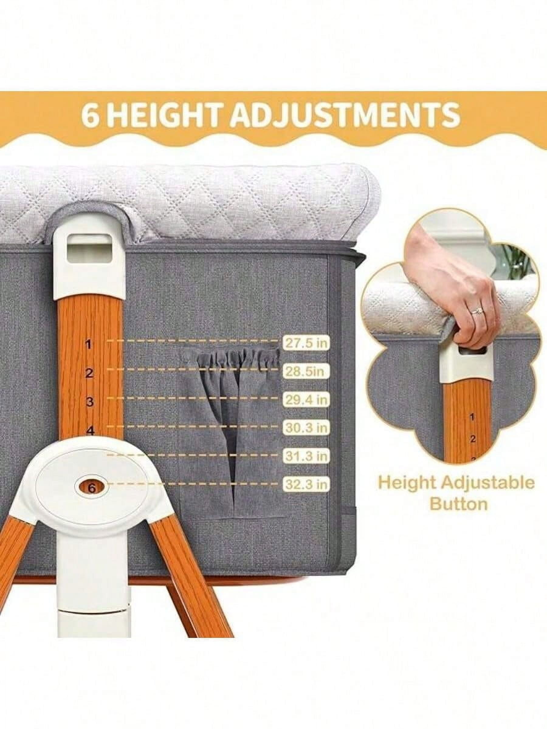 kmaier 3 in 1 Baby Bassinet Sleeper, 6-Section Height Adjustable Crib, Foldable Portable Crib Side Sleeper- Light Gray