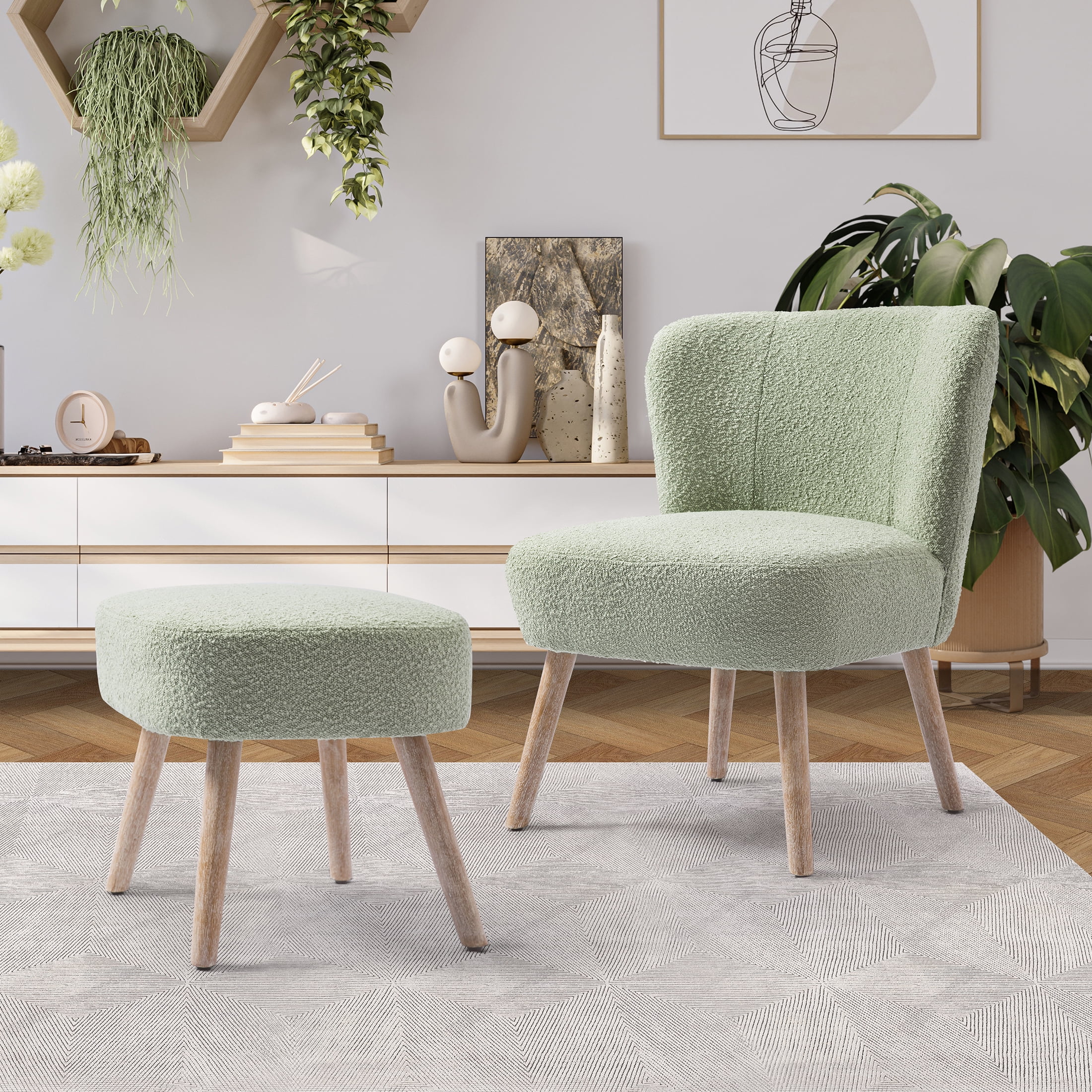 Modern 2PC Set Wide Wingback Accent Chair in Water and Stain Resistant Boucle Upholstered Fabric and Ottoman, Desert Sage