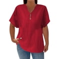 thumbnail image 2 of Endives Womens Linen T Shirt Casual Solid Color Button V Neck T Shirt Plus Size XL-5XL Red, 2 of 5